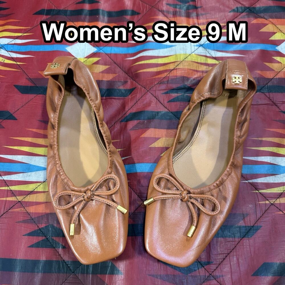 Tory Burch Ballet Flats Women’s Size 9 M Brown Leather Bow Square Toe Slip On